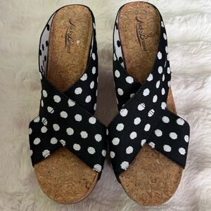 Lucky Brand Black white Polka dots studded women’s sandal wedges. Cork sole. 9.5